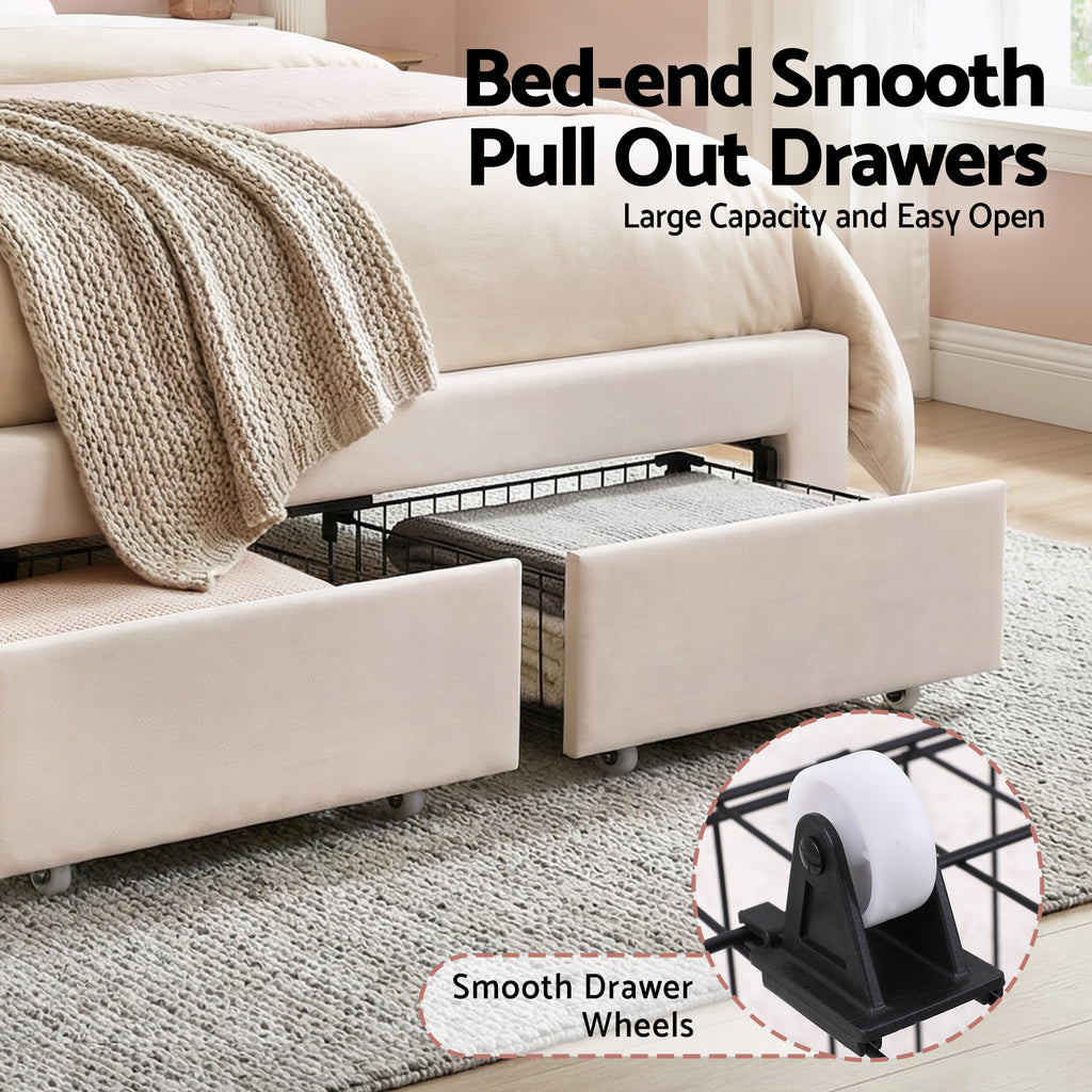 Artiss Double Bed Frame with 2 Storage Drawers Upholstered Velvet Platform Bed LED Headboard
