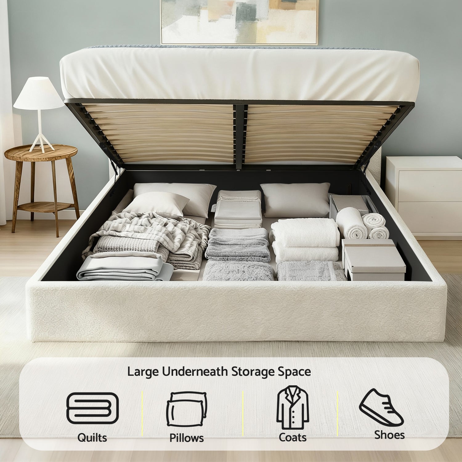 Artiss Double Bed Frame with Gaslift Storage Wooden Platform Mattress Base Boucle Upholstered White