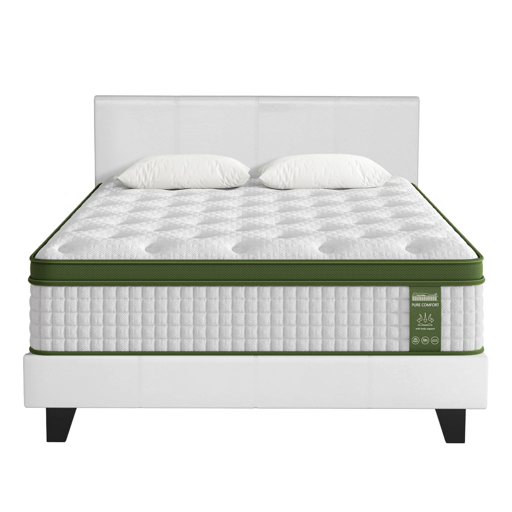 Artiss BedStory Queen Bed Frame Set with Hybrid Mattress and Leather Frame Medium White
