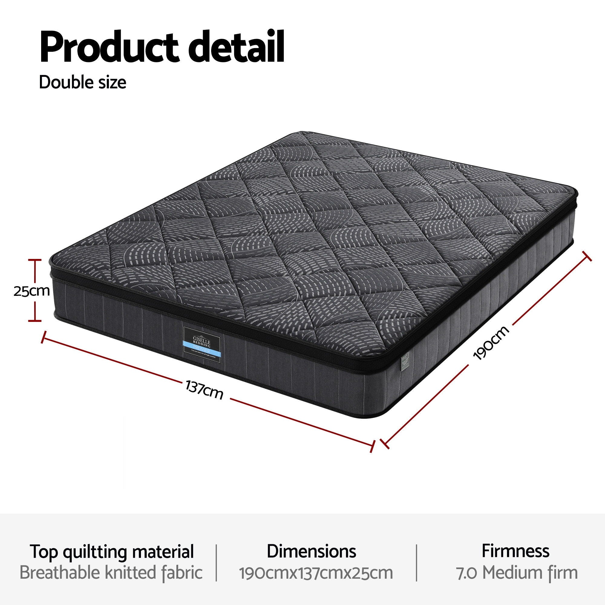 Giselle Bedding Double Mattress 25cm Pocket Spring Latex Euro Top Medium Firm Bed