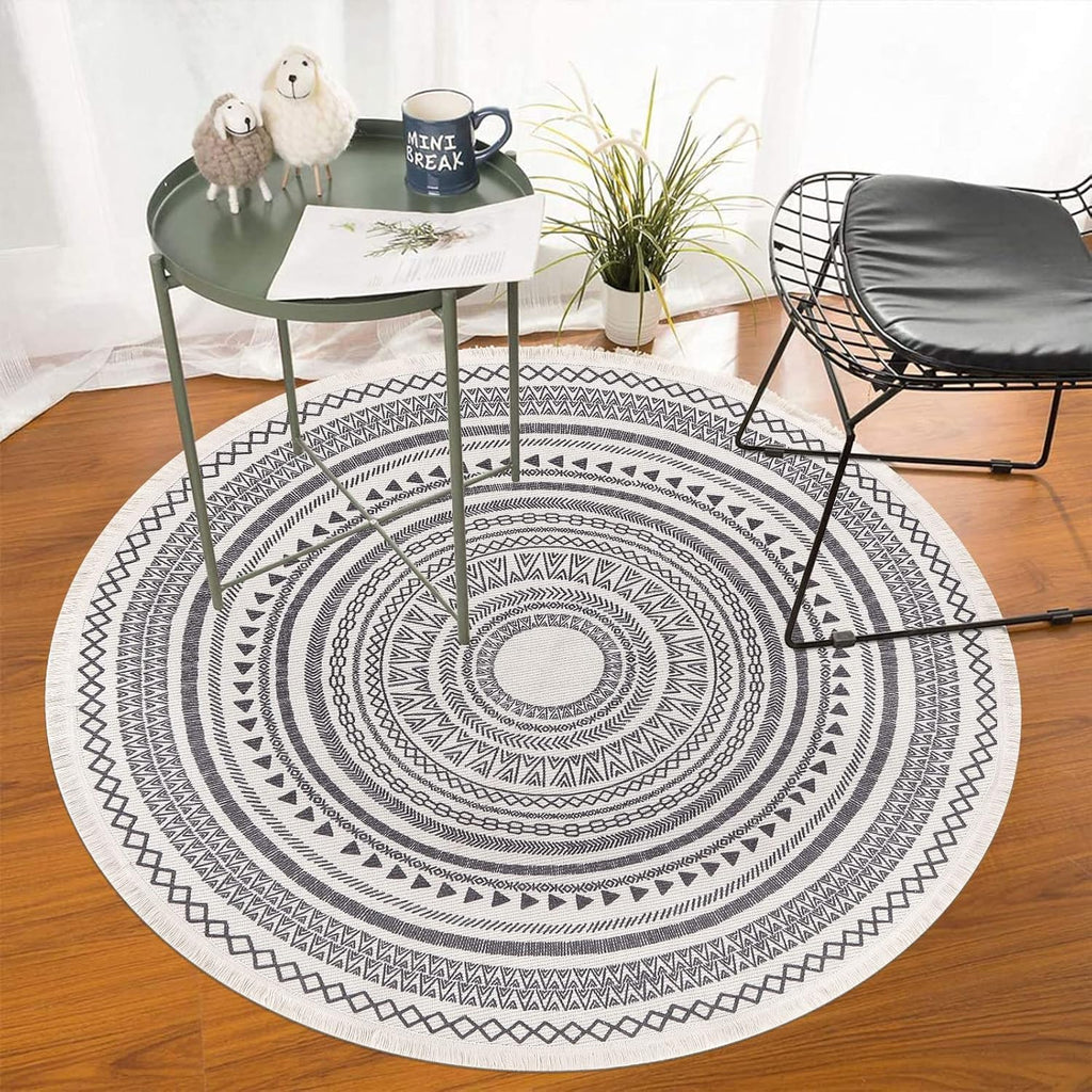 Moroccan Style Grey Round Woven Cotton Washable Absorbent Rug 120cm with Fringes