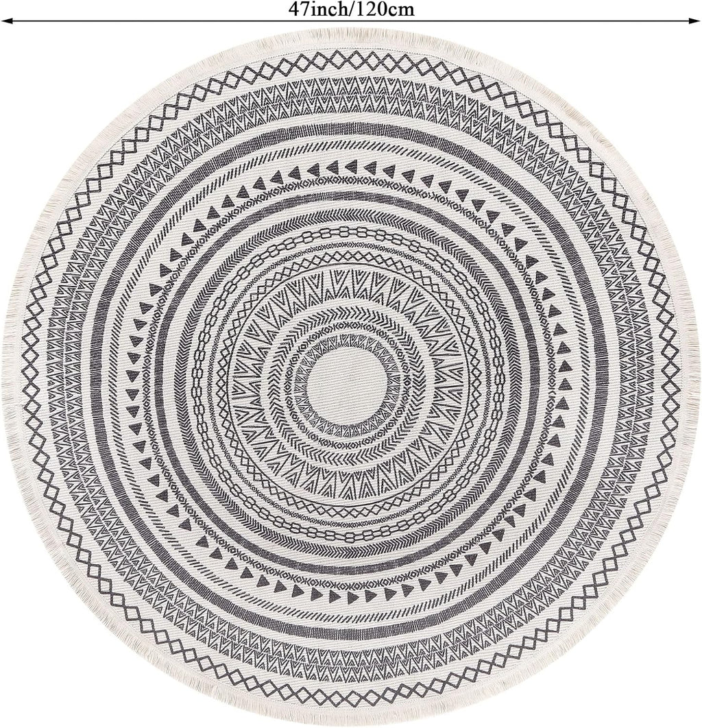 Moroccan Style Grey Round Woven Cotton Washable Absorbent Rug 120cm with Fringes