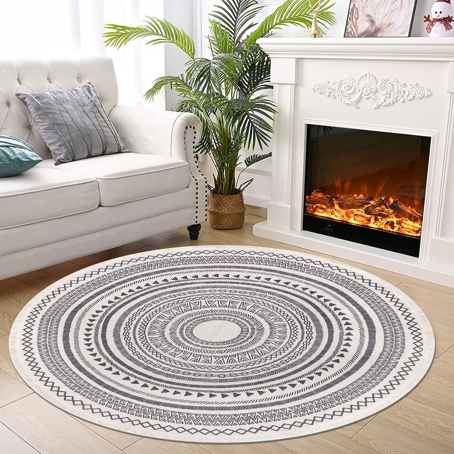Moroccan Style Grey Round Woven Cotton Washable Absorbent Rug 120cm with Fringes