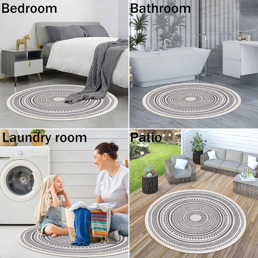 Moroccan Style Grey Round Woven Cotton Washable Absorbent Rug 120cm with Fringes