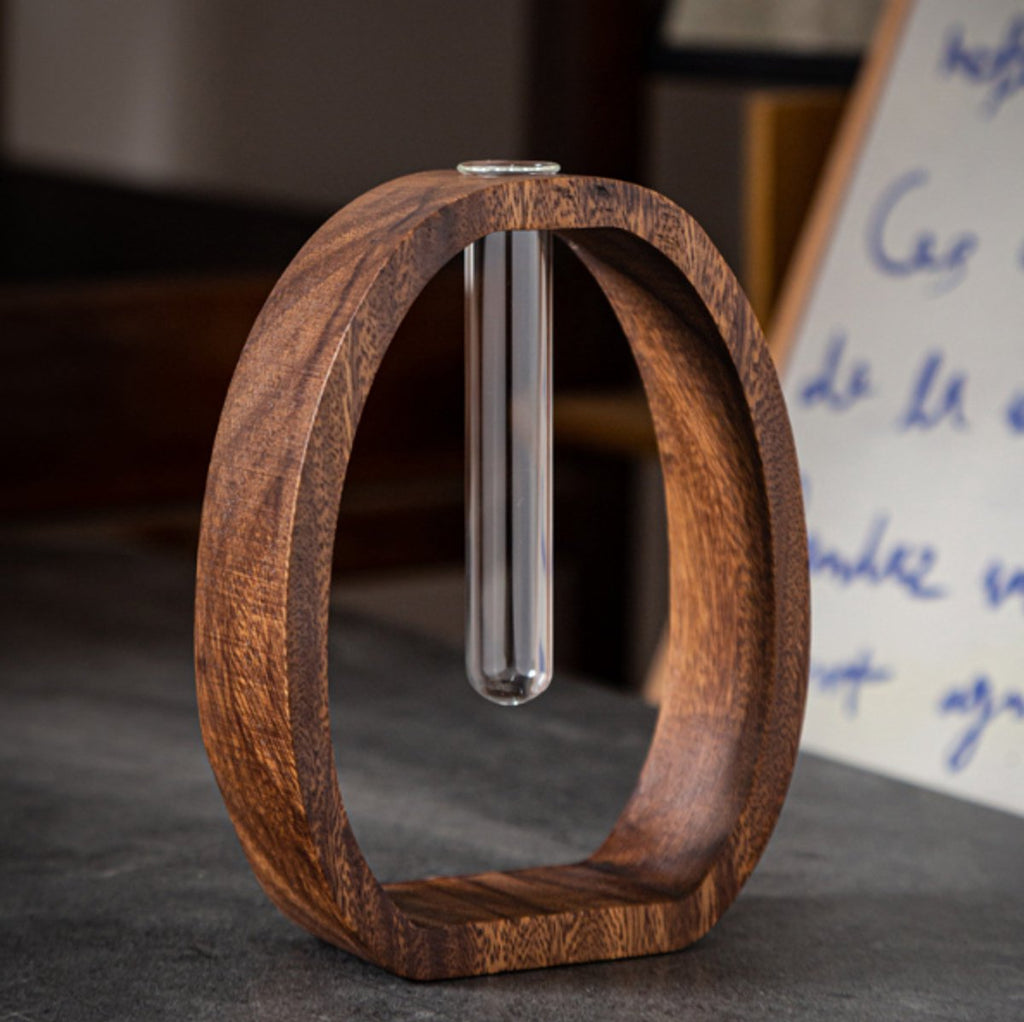 Vase - Solid Wood Vase - Desk Plant Growing Rack - Made of Wood and Bamboo - Enhances the modern decor of your home and office environment (S: 9.5*7*4 cm)