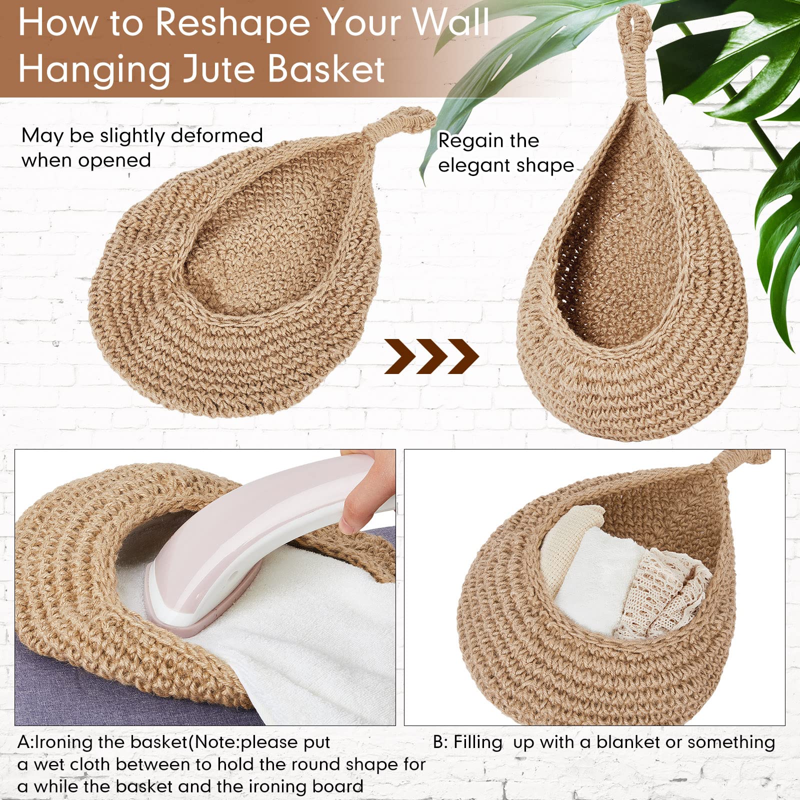 Jute Wall Basket - Hanging Storage Basket - Hanging Fruit Basket - Boho Interior - Wall Plant Basket - Kitchen Accessories - Bathroom Organizer - Vegetable Storage Bag - Woven Baskets - Wall Decoration - With Hanging Hooks - 3 Sizes - Brown - 3 Pieces