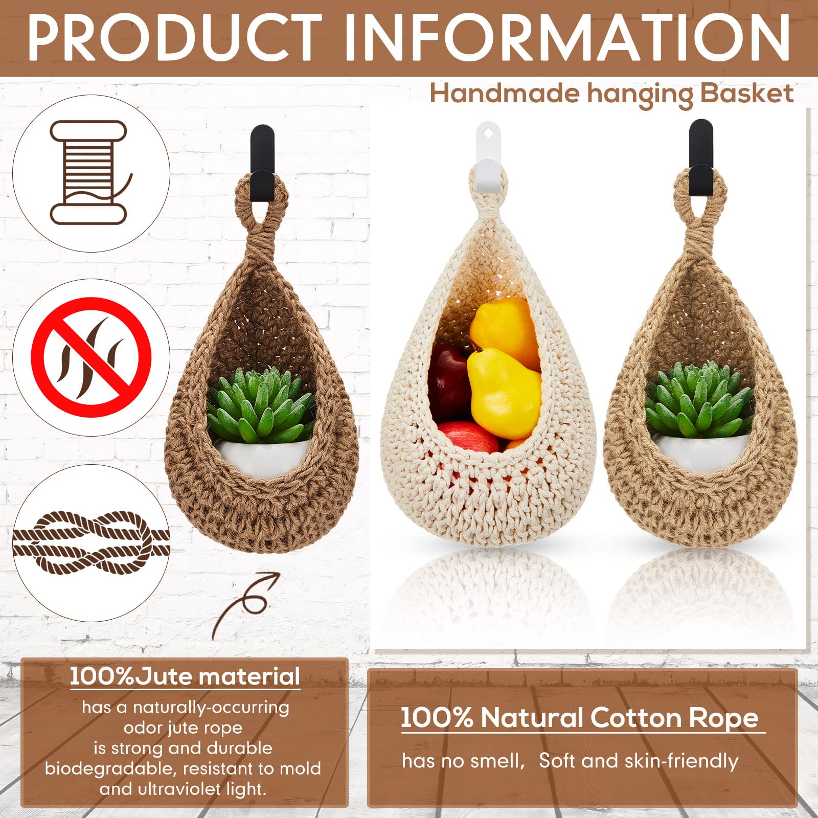 Jute Wall Basket - Hanging Storage Basket - Hanging Fruit Basket - Boho Interior - Wall Plant Basket - Kitchen Accessories - Bathroom Organizer - Vegetable Storage Bag - Woven Baskets - Wall Decoration - With Hanging Hooks - 3 Sizes - Brown - 3 Pieces