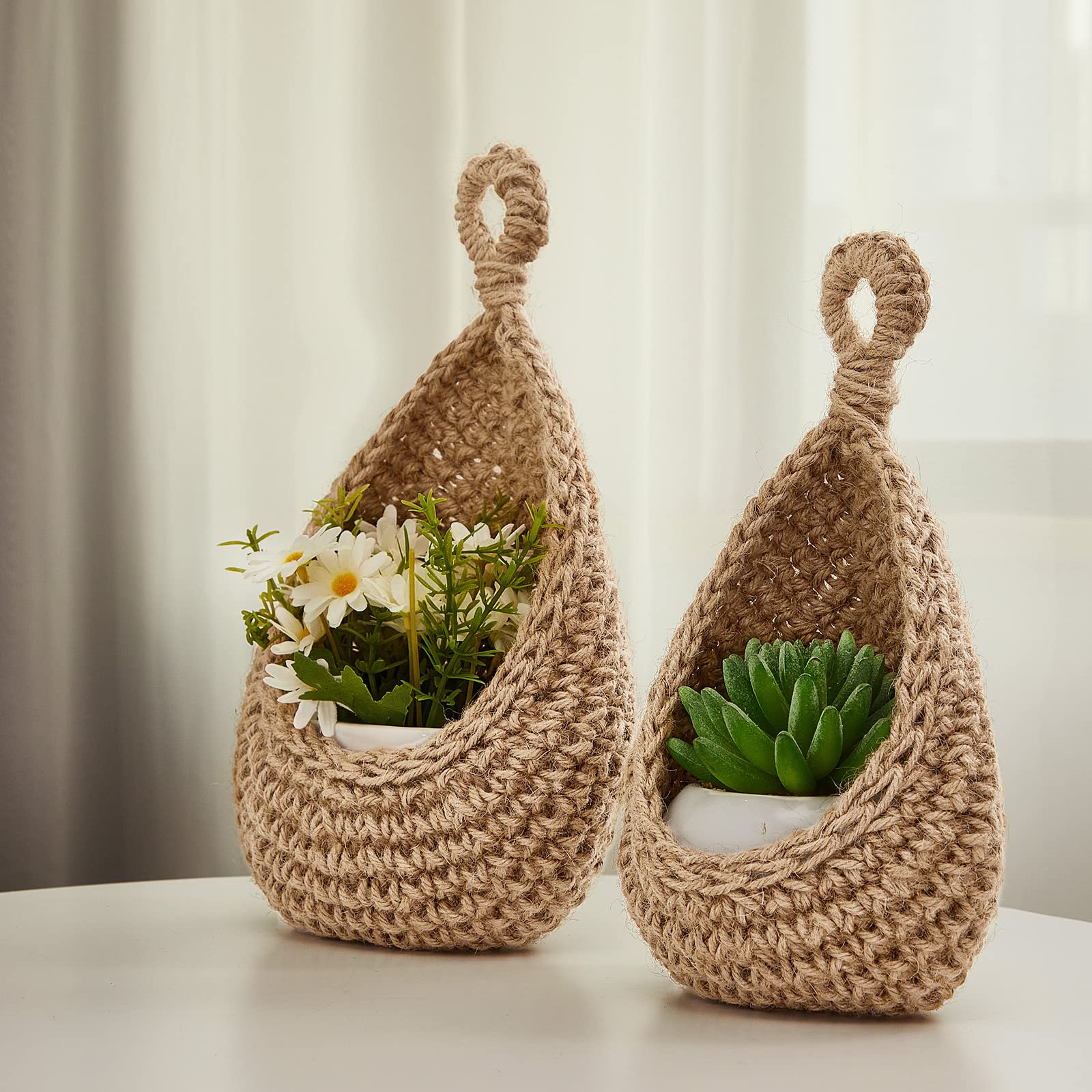 Jute Wall Basket - Hanging Storage Basket - Hanging Fruit Basket - Boho Interior - Wall Plant Basket - Kitchen Accessories - Bathroom Organizer - Vegetable Storage Bag - Woven Baskets - Wall Decoration - With Hanging Hooks - 3 Sizes - Brown - 3 Pieces