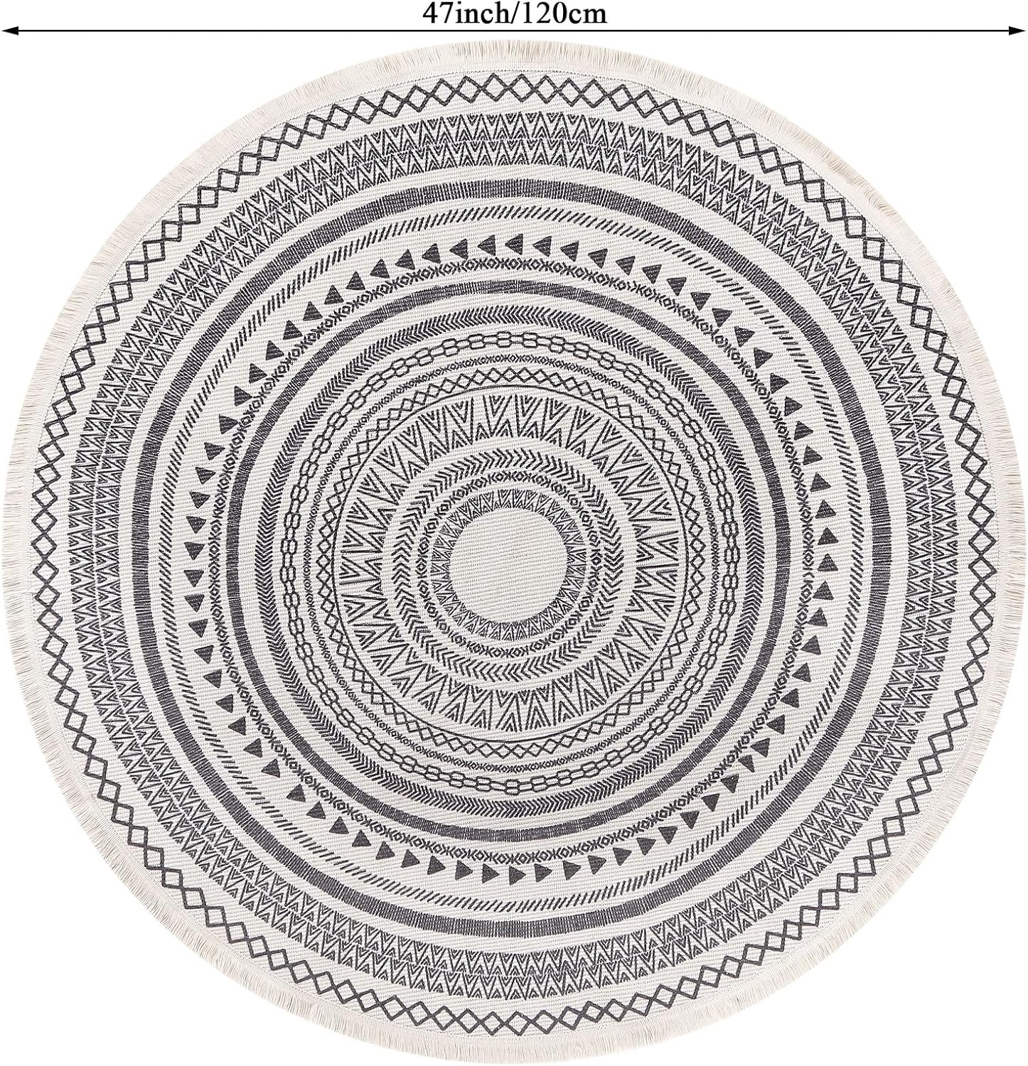 Grey Round Woven Cotton Rug with Fringes 120cm Washable Absorbent Rug Moroccan Style Print 120*120CM—yux 120*120CM