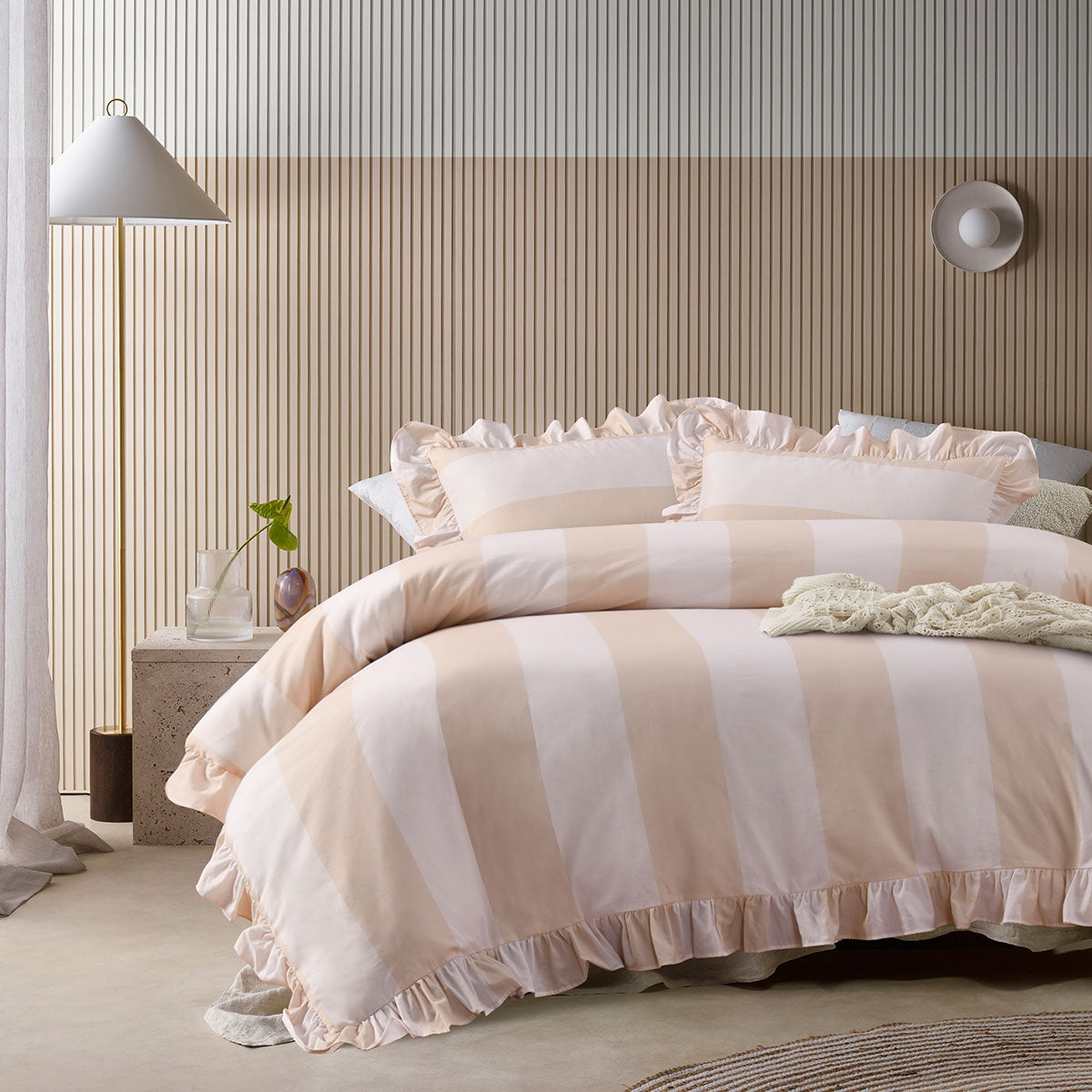 Vintage Design Homewares Candy Ruffle Natural Striped Washed Cotton Quilt Cover SetQueen
