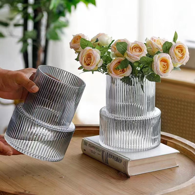 Grey Modern Two-Tier Ribbed Glass Vase - Elegant Cylindrical Flower Centrepiece for Home Decor