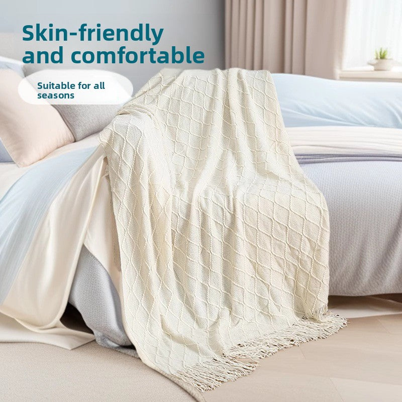 Khaki Nordic Knitted Throw Blanket with Tassels 130x230cm Soft Acrylic Diamond Pattern Sofa Cover Bed Runner and Travel Blanket