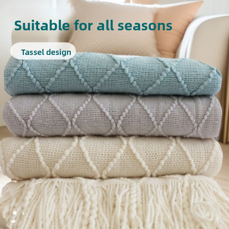 Morandi blue Nordic Knitted Throw Blanket with Tassels 130x230cm Soft Acrylic Diamond Pattern Sofa Cover Bed Runner and Travel Blanket